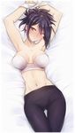  :o armpits arms_up bed_sheet black_pants bound bound_arms bra breasts breasts_apart cameltoe collarbone dakimakura fujibayashi_shiina hair_over_one_eye head_tilt large_breasts looking_at_viewer messy_hair midriff navel on_bed pants pantyhose parted_lips purple_hair red_eyes solo stomach tales_of_(series) tales_of_symphonia thigh_gap tusia underwear white_bra 