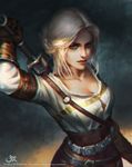  belt chromatic_aberration ciri green_eyes half_updo highres lips long_hair looking_at_viewer qichao_wang scar silver_hair solo sword the_witcher the_witcher_3 weapon 