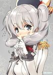  commentary_request epaulettes flying_sweatdrops frilled_sleeves frills gloves hat holding holding_hair kantai_collection kashima_(kantai_collection) naitou_ryuu silver_eyes silver_hair solo twintails twitter_username uniform 