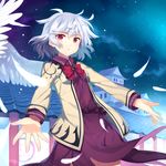  abusoru album_cover architecture bow bowtie cover dress east_asian_architecture feathers jacket kishin_sagume long_sleeves night open_clothes purple_dress red_eyes shirt short_hair silver_hair single_wing solo star_(sky) touhou wings 