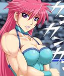  blue_leotard breasts cleavage large_breasts leotard long_hair mighty_yukiko muscle muscular_female open_mouth pink_hair purple_eyes solo sweat taroimo_(00120014) upper_body wrestle_angels wrestle_angels_survivor wrestling_outfit wrestling_ring 