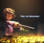  brown_hair chromatic_aberration closed_eyes english flower_bed frisk_(undertale) highres knife legeh pointing shirt short_hair solo striped striped_shirt undertale 