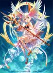  angel angel_wings armor blue_eyes breastplate copyright copyright_name flying from_below fuji_choko head_wings holding holding_staff kneehighs last_chronicle long_hair official_art planet shoes sky smile solo staff tama_(wixoss) twintails very_long_hair white_hair wide_sleeves wings wixoss 
