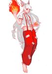  absurdres bangs barefoot bow breasts collared_shirt crop_top fire fireball flame fujiwara_no_mokou full_body grin hair_bow highres long_hair looking_at_viewer midriff navel open_hands oshin0_(zheng) pants red_eyes red_pants shirt short_sleeves simple_background small_breasts smile solo stomach suspenders touhou very_long_hair white_background white_hair white_shirt 
