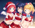  ;) ayase_eli bad_id bad_pixiv_id bikini bikini_top black_hair blonde_hair blue_eyes blush bow breasts choker christmas cleavage fur_trim girl_sandwich gloves hair_bow hair_down hat hitsukuya long_hair looking_at_viewer love_live! love_live!_school_idol_project medium_breasts midriff multiple_girls navel nishikino_maki one_eye_closed open_mouth pom_pom_(clothes) ponytail purple_eyes red_bikini red_gloves red_hair sandwiched santa_costume santa_hat short_hair skirt smile sonoda_umi swimsuit wings yellow_eyes 