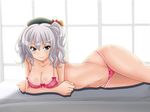  breast_press breasts cleavage crossed_arms hat kantai_collection kashima_(kantai_collection) large_breasts lingerie looking_at_viewer lying navel on_stomach silver_hair smile solo stomach tk_(butakuma) twintails underwear wavy_hair 