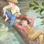  2boys arm_pillow barefoot blue_pants bridge crossed_legs dated fishing friends grass hat hat_removed hat_tip headwear_removed huckleberry_finn knee_up leaf long_sleeves looking_at_another lying mouth_hold multiple_boys oekaki oldschool on_back outdoors overalls pants plant ripples river sakai_yume sanpaku sitting suspenders the_adventures_of_tom_sawyer thomas_sawyer tree vines water world_masterpiece_theater 