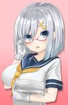  blue_eyes breasts glasses hair_ornament hamakaze_(kantai_collection) hand_on_eyewear kantai_collection large_breasts open_mouth papers school_uniform serafuku short_hair sin_(kami148) solo white_hair 