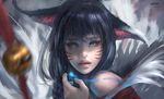  ahri animal_ears bare_shoulders bell black_hair deviantart_sample facial_mark highres image_sample jingle_bell league_of_legends long_hair looking_at_viewer magic parted_lips realistic solo wlop yellow_eyes 