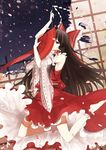  brown_eyes brown_hair detached_sleeves dress hair_ornament hakurei_reimu highres japanese_clothes levi9452 long_hair looking_at_viewer miko red_dress solo touhou 