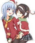  :o antlers black_hair black_legwear blue_eyes blue_hair blush brown_eyes capelet clothes_pull fake_horns gloves green_scarf hair_ornament hairband hand_on_another's_stomach hat hatsukaze_(kantai_collection) kantai_collection kuro-ra long_hair long_sleeves looking_back mittens multiple_girls open_mouth pantyhose pleated_skirt reindeer_antlers ribbed_sweater santa_costume santa_hat scarf short_hair skirt smile sweatdrop sweater sweater_pull tanikaze_(kantai_collection) transparent_background v-shaped_eyebrows yuri 