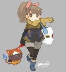  bag black_legwear blue_fire boots bow brown_eyes brown_hair cat closed_eyes copyright_name dated fire gloves grey_background grin hair_bow haramaki highres jacket jibanyan kirin_(youkai_watch) kodama_fumika komasan legwear_under_shorts long_hair mota multiple_tails notched_ear pantyhose pantyhose_under_shorts ponytail red_gloves rubber_boots scarf shorts shoulder_bag smile snot standing standing_on_one_leg tail tail-tip_fire two_tails youkai youkai_watch 