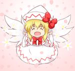  blonde_hair bow chibi closed_eyes dress flower hat hat_bow lily_white long_hair mazume open_mouth outstretched_arms petals smile solo touhou wide_sleeves wings 