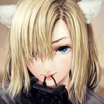  animal_ears blonde_hair blue_eyes cat_ears controller dualshock game_console game_controller gamepad highres mouth_hold namako_mikan original playstation_3 short_hair simple_background solo sony 