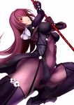  ass bangs bodysuit breasts covered_navel fate/grand_order fate_(series) from_side gae_bolg gloves glowing glowing_eyes hair_intakes high_heels holding holding_weapon jirusu large_breasts long_hair looking_at_viewer parted_lips polearm purple_bodysuit purple_hair red_eyes scathach_(fate)_(all) scathach_(fate/grand_order) shoulder_armor simple_background solo spaulders spear thighhighs very_long_hair weapon white_background 