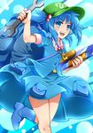  backpack bag belt blue_eyes blue_footwear blue_hair boots hair_bobbles hair_ornament hat highres kawashiro_nitori key makumaxu open_mouth shirt short_hair short_sleeves skirt smile solo thighs touhou two_side_up wrench 