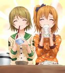  bad_id bad_pixiv_id blush bow bowl brown_hair chopsticks closed_eyes eating food foodgasm hair_bow hair_ornament hairclip happy koizumi_hanayo kousaka_honoka light_rays love_live! love_live!_school_idol_project multiple_girls one_side_up orange_hair rice rice_bowl smile utsuro026 