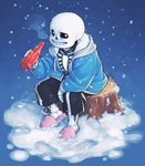  black_eyes blue_background bottle bright_pupils commentary frostious fur_trim holding holding_bottle hood hoodie ketchup looking_at_viewer male_focus sans shorts simple_background sitting sitting_on_tree_stump skeleton skeleton_print slippers snow snowflakes snowing solo teeth tree_stump undertale white_pupils 