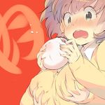  :o bad_id bad_pixiv_id baozi blush breast_grab brown_hair buttons collared_shirt food gin_(oyoyo) grabbing grabbing_from_behind grey_eyes hands holding holding_food long_sleeves meat nose_blush open_mouth original shirt short_hair simple_background solo_focus translated upper_body wavy_mouth yellow_shirt 