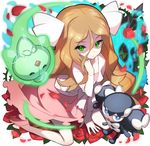  arm_support blonde_hair cattleya_(pokemon) duosion elite_four flower from_above full_body gen_5_pokemon gothorita green_eyes hair_between_eyes hair_ornament hand_on_own_chest long_hair looking_at_viewer petals pokemon pokemon_(creature) pokemon_(game) pokemon_dppt pokemon_platinum red_flower red_rose rose rose_petals saitou_naoki sitting thorns very_long_hair wariza 