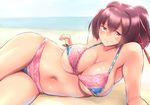  beach bifidus bikini breasts brown_hair cleavage hips ise_(kantai_collection) kantai_collection large_breasts long_hair looking_at_viewer lying multicolored multicolored_bikini multicolored_clothes navel on_side ponytail smile solo swimsuit thighs underboob 