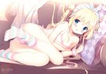  :d absurdres ass blonde_hair blue_eyes blush breasts cleavage copyright_name couch double_bun feet hair_twirling hairband highres koi_kakeru_shin-ai_kanojo komari_yui long_hair lying no_pants no_shoes on_side open_mouth panties pillow polka_dot polka_dot_scrunchie purple_panties scrunchie shiratama_(shiratamaco) side-tie_panties small_breasts smile socks solo strap_slip striped striped_legwear tank_top underwear wrist_scrunchie 