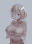  breast_hold breasts crossed_arms earrings greyscale highres hikage_(senran_kagura) huge_breasts jewelry jiffic monochrome pencil_mustache pinky_out puckered_lips ribbed_sweater senran_kagura short_hair slit_pupils solo sweater turtleneck 