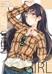 2015 artist_name bangs belt black_hair blush buttons collared_shirt dress_shirt front-tie_top hand_on_forehead hand_on_own_chest kinugasa_yuuichi layered_clothing long_hair long_sleeves looking_away open_clothes open_shirt orange_eyes original parted_lips plaid plaid_shirt print_shirt red_eyes shirt solo text_focus tied_shirt unbuttoned undershirt upper_body 