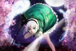  attack bent_over black_hairband blue_eyes bob_cut cherry_blossoms dual_wielding frilled_skirt frills full_moon green_skirt green_vest hairband hakugyokurou hitodama holding jumping konpaku_youmu konpaku_youmu_(ghost) leg_up legs lips looking_at_viewer moon night night_sky nose pov serious shirt short_hair skirt sky socks solo thighs toriaitsu touhou vest white_shirt 