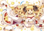  :d ahoge anila_(granblue_fantasy) animal animal_ears bangs black_skirt blonde_hair blunt_bangs blush breast_rest breasts capura_lin cleavage collarbone draph eyebrows eyebrows_visible_through_hair fur_trim granblue_fantasy holding holding_animal horns large_breasts long_hair open_mouth pleated_skirt ribbon-trimmed_skirt ribbon_trim sheep sheep_horns skirt smile solo teeth thighhighs white_legwear yellow_eyes 