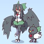  bird black_hair blush bow collared_shirt commentary_request crow feathered_wings feathers green_skirt hair_bow harpy kakinoki_mikan_(kari) long_hair monster_girl monsterification red_eyes reiuji_utsuho reiuji_utsuho_(bird) shirt sketch skirt touhou very_long_hair wings 