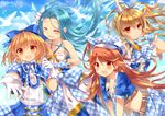  alternate_costume belt bird blonde_hair blue_hair blue_sky bow breasts brown_eyes brown_hair cleavage closed_eyes cloud crop_top djeeta_(granblue_fantasy) elbow_gloves fang gloves granblue_fantasy hair_bow hat jin_rikuri kimi_to_boku_no_mirai kozakura_marry long_hair looking_at_viewer lyria_(granblue_fantasy) mary_(granblue_fantasy) medium_breasts midriff multiple_girls open_mouth outstretched_hand ponytail puffy_short_sleeves puffy_sleeves sash shirt short_sleeves skirt sky sleeveless sleeveless_shirt smile very_long_hair vira_lilie white_gloves wind yellow_eyes 