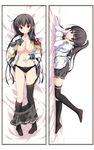  apron black_hair black_legwear black_panties blush bow bow_panties breasts dakimakura full_body gloves hair_ornament hair_ribbon hand_on_own_stomach isokaze_(kantai_collection) kantai_collection kappougi kneehighs large_breasts leg_up long_hair looking_at_viewer lying multiple_views no_pants no_shoes odawara_hakone on_stomach panties ponytail red_eyes ribbon school_uniform serafuku single_kneehigh single_thighhigh smile thighhighs underwear 