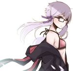  ayakura_juu glasses hair_ribbon hood hoodie looking_at_viewer open_clothes purple_eyes purple_hair ribbon short_hair_with_long_locks sketch solo swimsuit vocaloid voiceroid white_background yuzuki_yukari 