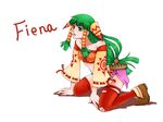  bare_shoulders breasts brown_footwear character_name engrish feena_(grandia) grandia grandia_i green_eyes green_hair hair_ornament hair_tubes jewelry kneeling long_hair low-tied_long_hair medium_breasts midriff ranguage red_legwear saitou_nekoichi shoes skirt solo thighhighs torn_clothes torn_legwear very_long_hair 