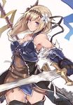  bare_shoulders blonde_hair blue_eyes flower gloves granblue_fantasy hair_flower hair_ornament jeanne_d'arc_(granblue_fantasy) nanahara_fuyuki solo sword weapon 