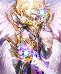  angel_wings armor cloud feathered_wings gauntlets glowing glowing_weapon gold_armor kei1115 male_focus official_art shingoku_no_valhalla_gate silver_eyes solo standing sword watermark weapon web_address white_armor white_hair wings 
