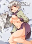  blush braid breasts feathers french_braid hasebe_yuusaku jacket kishin_sagume large_breasts long_sleeves looking_at_viewer lying midriff navel no_bra on_side open_mouth red_eyes shirt_lift short_hair silver_hair single_wing skirt solo text_focus thighs touhou underboob wings 