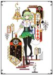  bag black_legwear corset frame green_hair hat hat_ribbon highres ideolo komeiji_koishi pantyhose puffy_short_sleeves puffy_sleeves red_eyes ribbon shirt short_sleeves shoulder_bag skirt smile solo third_eye touhou 