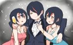  alcohol alternate_costume bangs black_hair blue_dress bow bowtie breasts brown_eyes champagne champagne_flute choir_(artist) cleavage commentary cup dress drinking_glass emperor_penguin_(kemono_friends) gentoo_penguin_(kemono_friends) girl_sandwich hair_between_eyes hair_over_one_eye heart heart-shaped_pupils humboldt_penguin_(kemono_friends) jewelry kemono_friends long_hair looking_at_another looking_at_viewer multicolored_hair multiple_girls necklace one_eye_covered orange_eyes orange_hair pink_dress pink_hair sandwiched short_hair sketch smile sparkle sparkle_background streaked_hair symbol-shaped_pupils tuxedo two-tone_hair yuri 