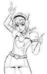  :d ahoge antennae arm_up artist_request belt blonde_hair breasts collarbone cowboy_shot freckles greyscale head_tilt headphones heart heather_mason highres looking_at_viewer magical_girl miniskirt monochrome open_mouth pointing pointing_up puffy_short_sleeves puffy_sleeves short_hair short_sleeves silent_hill silent_hill_3 simple_background skirt smile solo standing teeth vest white_background 