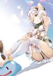  arm_up armpits atelier_(series) atelier_sophie crossed_legs garter_straps green_eyes hand_on_own_knee legs_up official_art one_eye_closed parted_lips plachta puni_(atelier) solo white_hair yuugen 