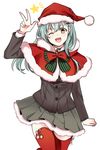  :d ;d alternate_costume alternate_eye_color aqua_hair arm_up buttons capelet fur green_hair hair_ornament hairclip hat jacket kantai_collection long_hair long_sleeves nagomi_(mokatitk) one_eye_closed open_mouth pleated_skirt red_legwear ribbon salute santa_hat simple_background skirt smile solo star suzuya_(kantai_collection) thighhighs white_background yellow_eyes zettai_ryouiki 