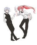  alternate_hairstyle arm_behind_back butler female_butler formal full_body gloves grin high_ponytail hong_meiling izayoi_sakuya matsuri_kyuuta multiple_girls no_headwear one_eye_closed pant_suit ponytail red_hair sleeves_rolled_up smile suit touhou tray v vest white_background white_gloves 