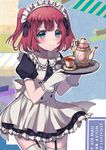  apron aqua_eyes black_tea blush commentary_request cup fuyuzima garter_straps gloves highres kurosawa_ruby love_live! love_live!_sunshine!! maid maid_headdress red_hair short_hair skirt smile solo tea teacup teapot thighhighs tray two_side_up white_gloves white_legwear 