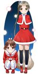  alternate_costume arms_behind_back ayanami_(kantai_collection) bag belt black_legwear boots brown_eyes brown_hair cape capelet double_v hair_ribbon kantai_collection katatsuka_kouji light_brown_hair lights long_hair long_sleeves multiple_girls ponytail red_cape red_footwear ribbon sack santa_costume shikinami_(kantai_collection) short_hair side_ponytail skirt smile squatting standing thighhighs v very_long_hair white_legwear zettai_ryouiki 