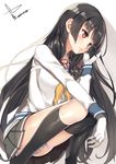  adjusting_hair asymmetrical_legwear black_hair black_legwear blue_panties blush breasts gloves hair_ornament hair_ribbon isokaze_(kantai_collection) kantai_collection kneehighs large_breasts long_hair long_sleeves panties pleated_skirt red_eyes ribbon school_uniform serafuku signature single_kneehigh single_thighhigh skirt solo striped striped_panties thighhighs tress_ribbon underwear white_gloves yappen 