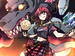  chain clothes_writing collar earth fangs fenrir_(mythology) glowing hat hecatia_lapislazuli hemogurobin_a1c jormungandr midriff moon navel off_shoulder outstretched_arms polos_crown red_eyes red_hair shirt skirt snake solo touhou wrist_cuffs 