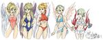  5boys angel_wings armpits arms_up bare_shoulders bikini black_wings blonde_hair blue_eyes blush breasts breath_of_fire breath_of_fire_i breath_of_fire_ii breath_of_fire_iii breath_of_fire_iv breath_of_fire_v capcom cleavage collarbone covered_navel crossover frilled_bikini frills front-tie_top green_eyes green_hair hair_over_one_eye hairband highres kaoru70 kneeling leg_garter long_hair multiple_boys multiple_girls navel navel_cutout nina_(breath_of_fire_i) nina_(breath_of_fire_ii) nina_(breath_of_fire_iii) nina_(breath_of_fire_iv) nina_(breath_of_fire_v) ryuu_(breath_of_fire_i) ryuu_(breath_of_fire_ii) ryuu_(breath_of_fire_iii) ryuu_(breath_of_fire_iv) ryuu_(breath_of_fire_v) short_hair simple_background sweatdrop swimsuit white_background white_bikini white_swimsuit white_wings wings 