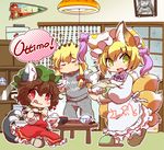  :q alternate_costume animal_ears apron blonde_hair bowl brown_hair cat_ears cat_tail chen contemporary dress english first_aid_kit fox_ears fox_tail frilled_dress frills hat hong_meiling ikuta_takanon italian long_hair mob_cap multiple_girls multiple_tails nekomata pot red_eyes rice rice_bowl scarlet_devil_mansion sendai_hakurei_no_miko short_hair sliding_doors slippers tail tongue tongue_out touhou two_tails yakumo_ran yakumo_yukari yellow_eyes 